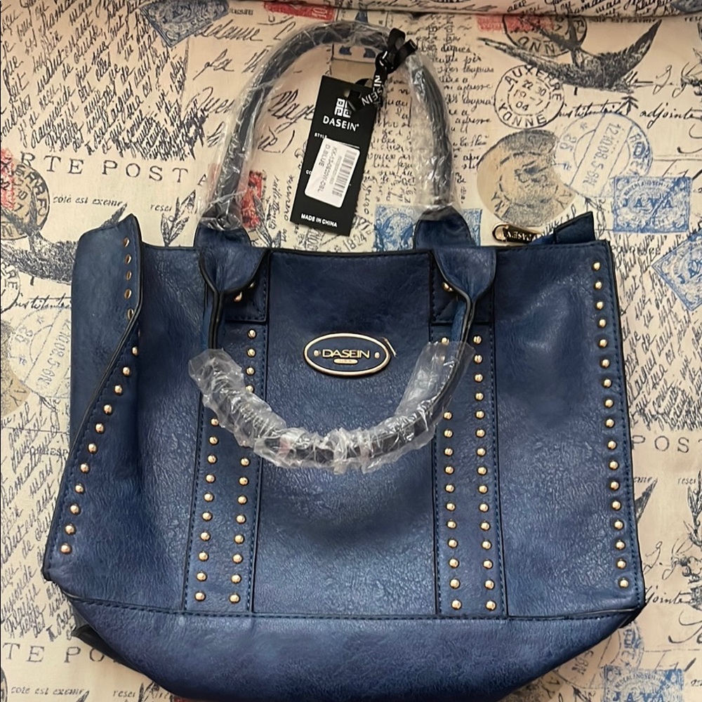 Blue Studded Tote with Double Handles